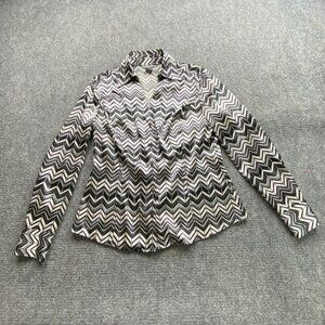 Ann Taylor Shirt Women's 10 Black White Zigzag Button-Down Blouse‎ Silky Office